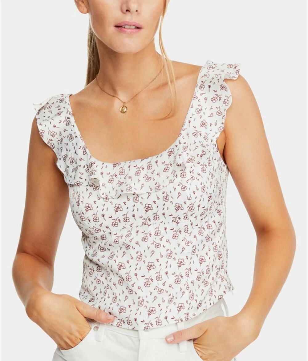 FREE People Floral Smocked Ruffle Blouse Size M Ivory Burgundy Boho Flirty Chic